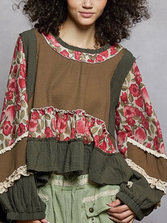 POL Tops - POL Olive Patchwork Peasant Top with Rose Floral Sleeves